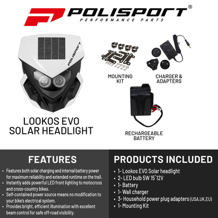 Polisport Lookos EVO Standard LED Headlight Kit  - Solar and Battery Powered Front Light - Instant Enduro Conversion for Motocross & Cross-Country Bikes - White/Black