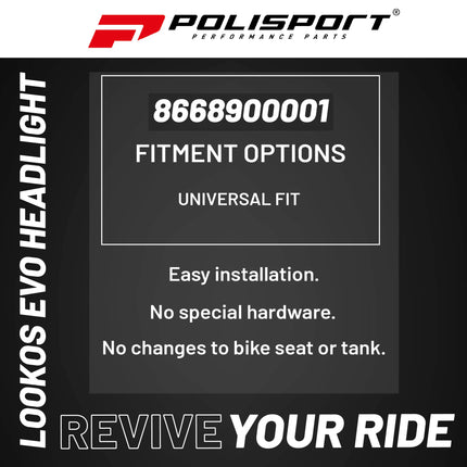 Polisport Lookos EVO Standard LED Headlight Kit  - Solar and Battery Powered Front Light - Instant Enduro Conversion for Motocross & Cross-Country Bikes - White/Black
