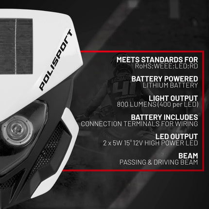Polisport Lookos EVO Standard LED Headlight Kit  - Solar and Battery Powered Front Light - Instant Enduro Conversion for Motocross & Cross-Country Bikes - White/Black