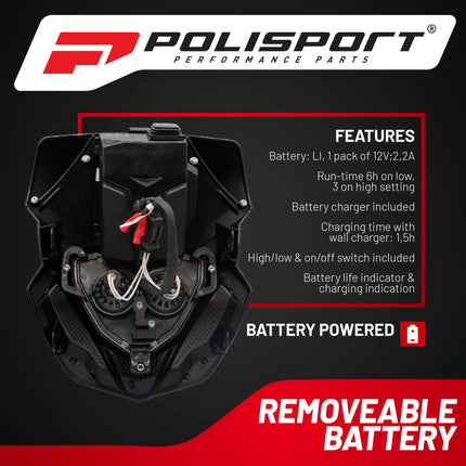 Polisport Lookos EVO Standard LED Headlight Kit  - Solar and Battery Powered Front Light - Instant Enduro Conversion for Motocross & Cross-Country Bikes - White/Black