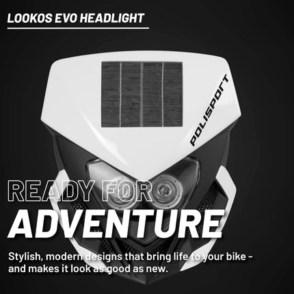 Polisport Lookos EVO Standard LED Headlight Kit  - Solar and Battery Powered Front Light - Instant Enduro Conversion for Motocross & Cross-Country Bikes - White/Black