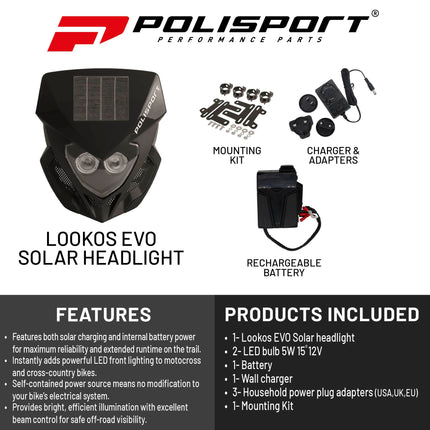 Polisport Lookos EVO Standard LED Headlight Kit  - Solar and Battery Powered Front Light - Instant Enduro Conversion for Motocross & Cross-Country Bikes - Black