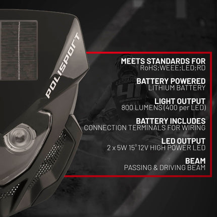 Polisport Lookos EVO Standard LED Headlight Kit  - Solar and Battery Powered Front Light - Instant Enduro Conversion for Motocross & Cross-Country Bikes - Black