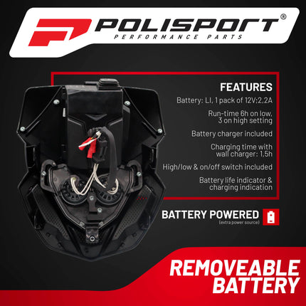 Polisport Lookos EVO Standard LED Headlight Kit  - Solar and Battery Powered Front Light - Instant Enduro Conversion for Motocross & Cross-Country Bikes - Black