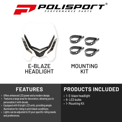 Polisport E-Blaze LED Motorcycle Headlight - Ultra-Slim, Customizable Design with Adjustable High/Low Beams - Lightweight, Durable Housing for Street, Dirt Bike, Enduro & Motocross - Wh/Blk