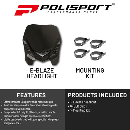 Polisport E-Blaze LED Motorcycle Headlight - Ultra-Slim, Customizable Design with Adjustable High/Low Beams - Lightweight, Durable Housing for Street, Dirt Bike, Enduro & Motocross - Black