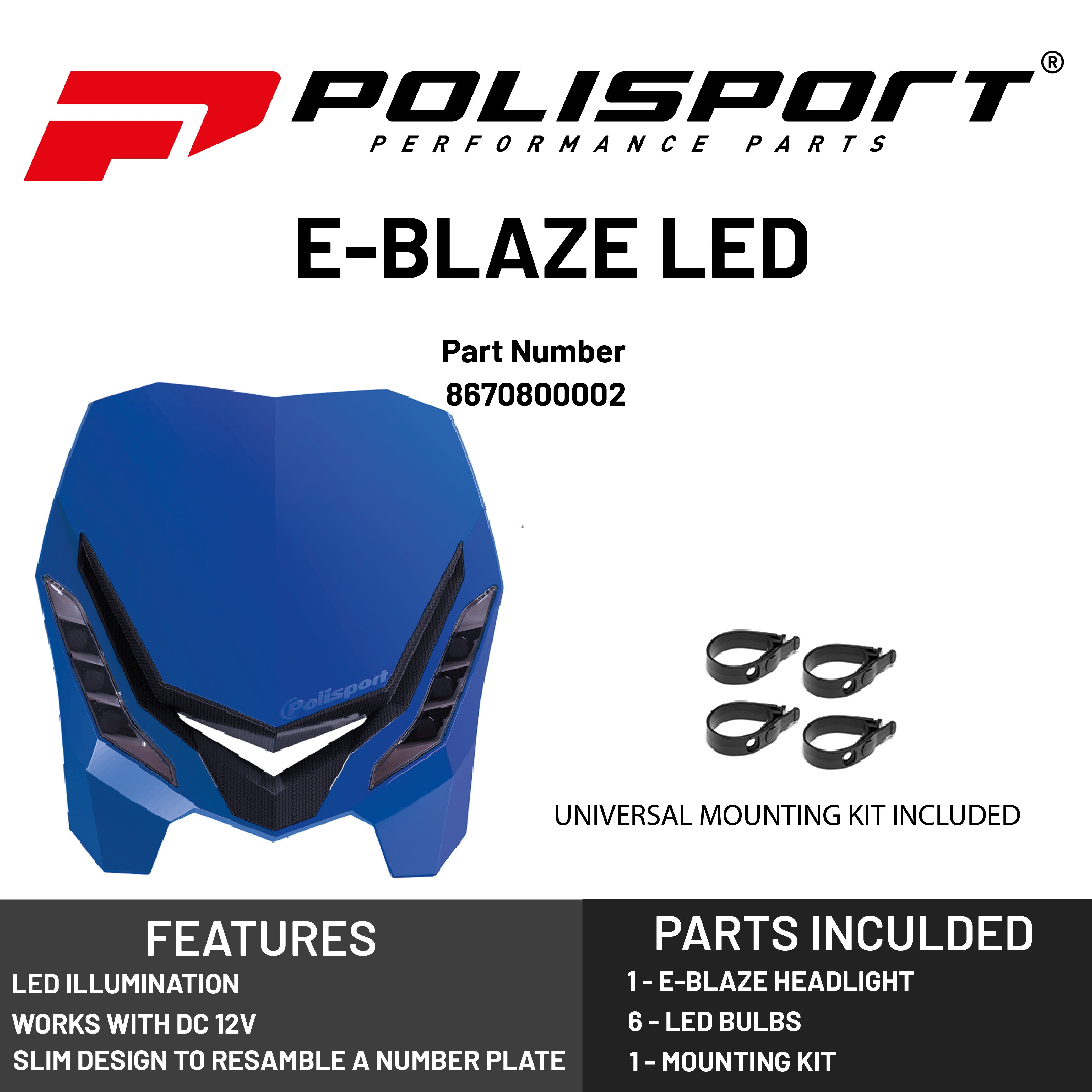 Polisport E-Blaze Motorcycle Headlight - Slim LED Design, Adjustable Lights, Customizable, Glossy & Carbon Fiber (Blue and White)