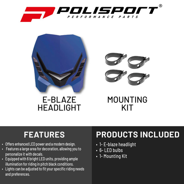 Polisport E-Blaze LED Motorcycle Headlight - Ultra-Slim, Customizable Design with Adjustable High/Low Beams - Lightweight, Durable Housing for Street, Dirt Bike, Enduro & Motocross - Bl/Blk