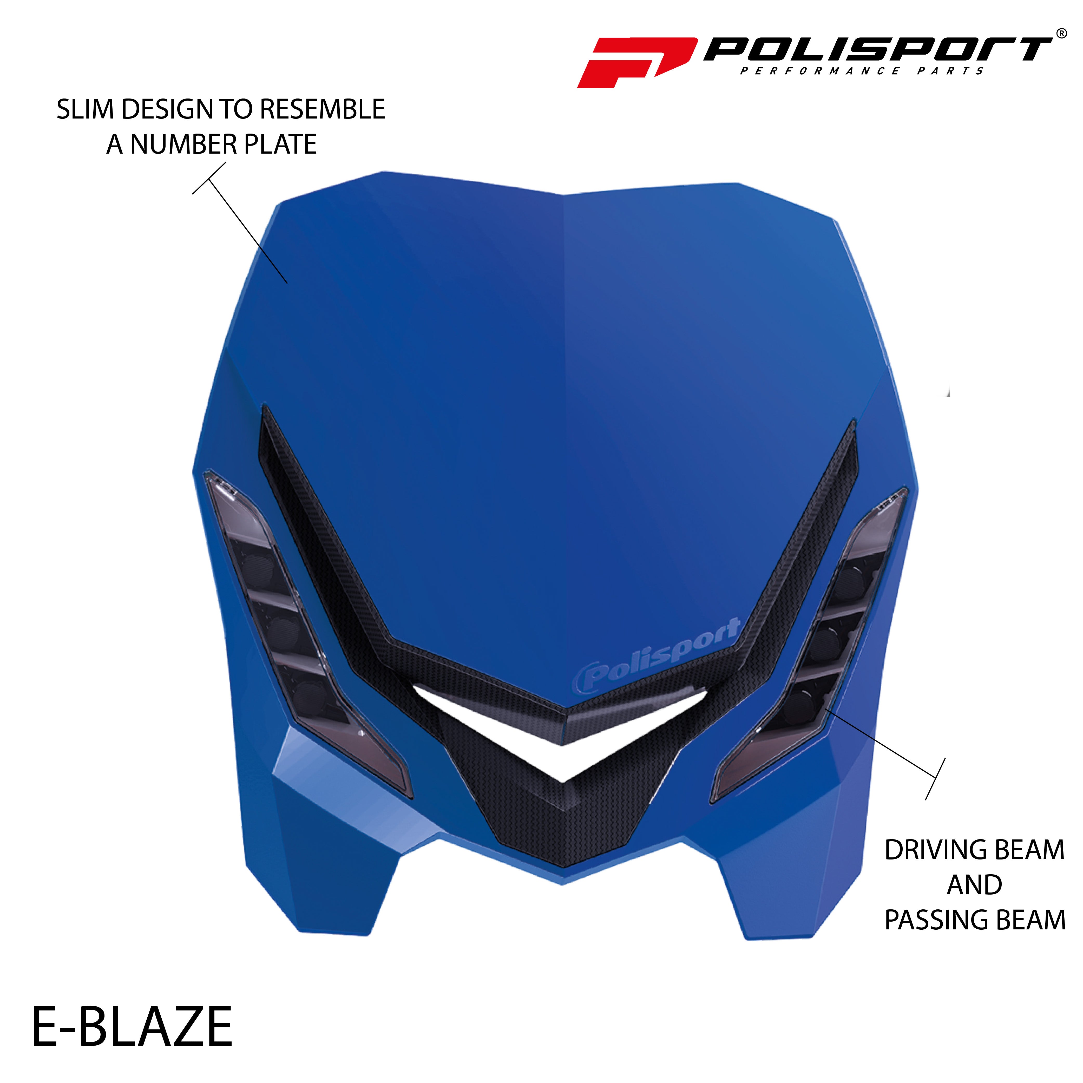 Polisport E-Blaze Motorcycle Headlight - Slim LED Design, Adjustable Lights, Customizable, Glossy & Carbon Fiber (Blue and White)