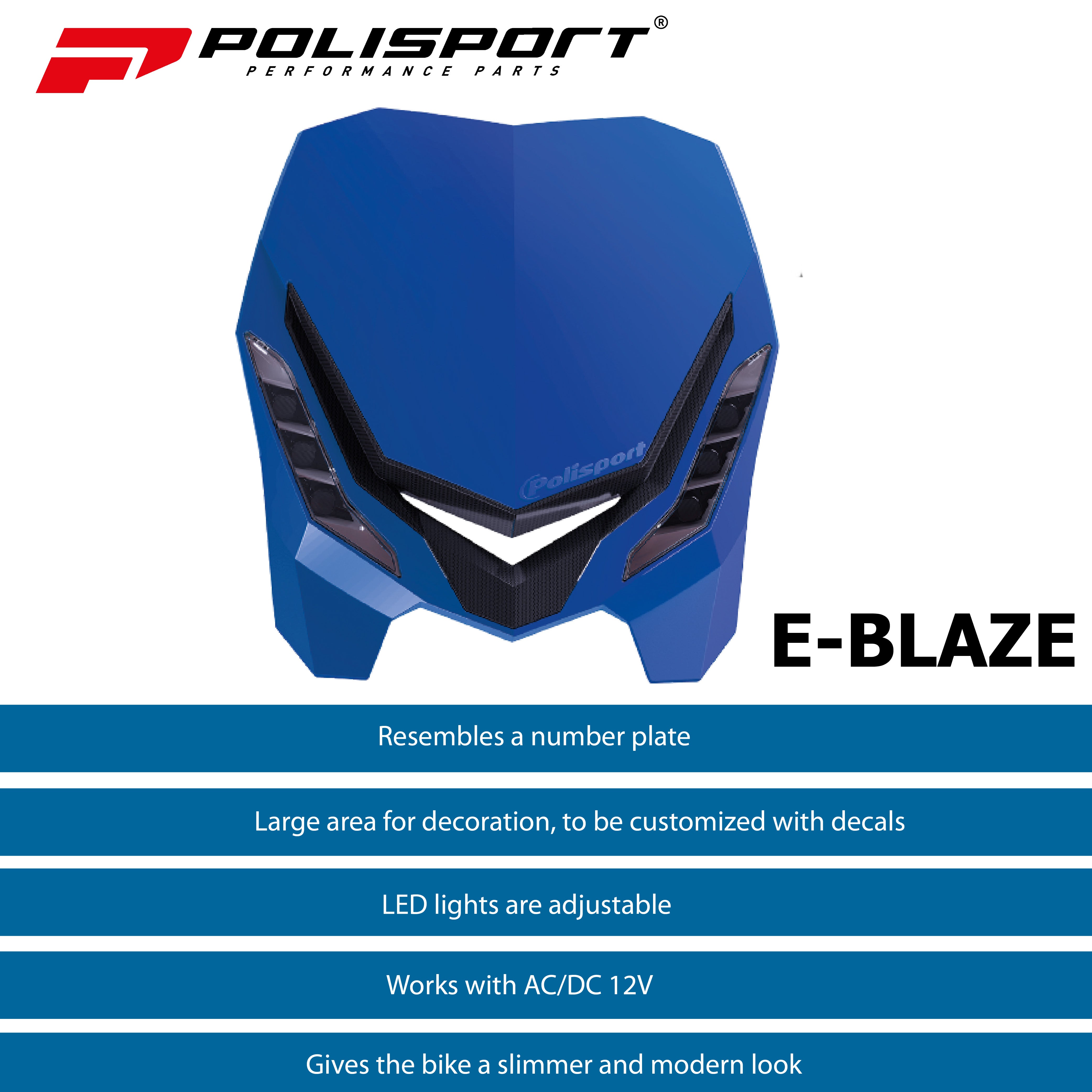 Polisport E-Blaze Motorcycle Headlight - Slim LED Design, Adjustable Lights, Customizable, Glossy & Carbon Fiber (Blue and White)