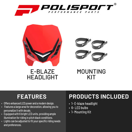 Polisport E-Blaze LED Motorcycle Headlight - Ultra-Slim, Customizable Design with Adjustable High/Low Beams - Lightweight, Durable Housing for Street, Dirt Bike, Enduro & Motocross - Red