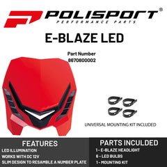 Polisport E-Blaze Motorcycle Headlight - Slim LED Design, Adjustable Lights, Customizable, Glossy & Carbon Fiber (Red and Black)