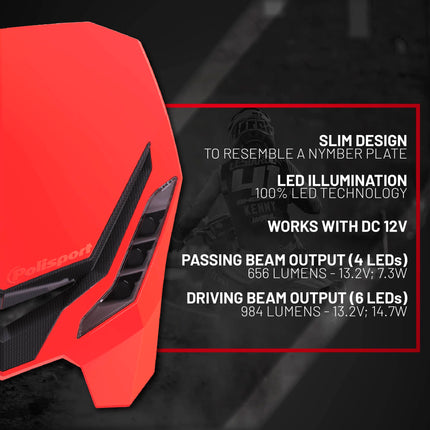 Polisport E-Blaze LED Motorcycle Headlight - Ultra-Slim, Customizable Design with Adjustable High/Low Beams - Lightweight, Durable Housing for Street, Dirt Bike, Enduro & Motocross - Red