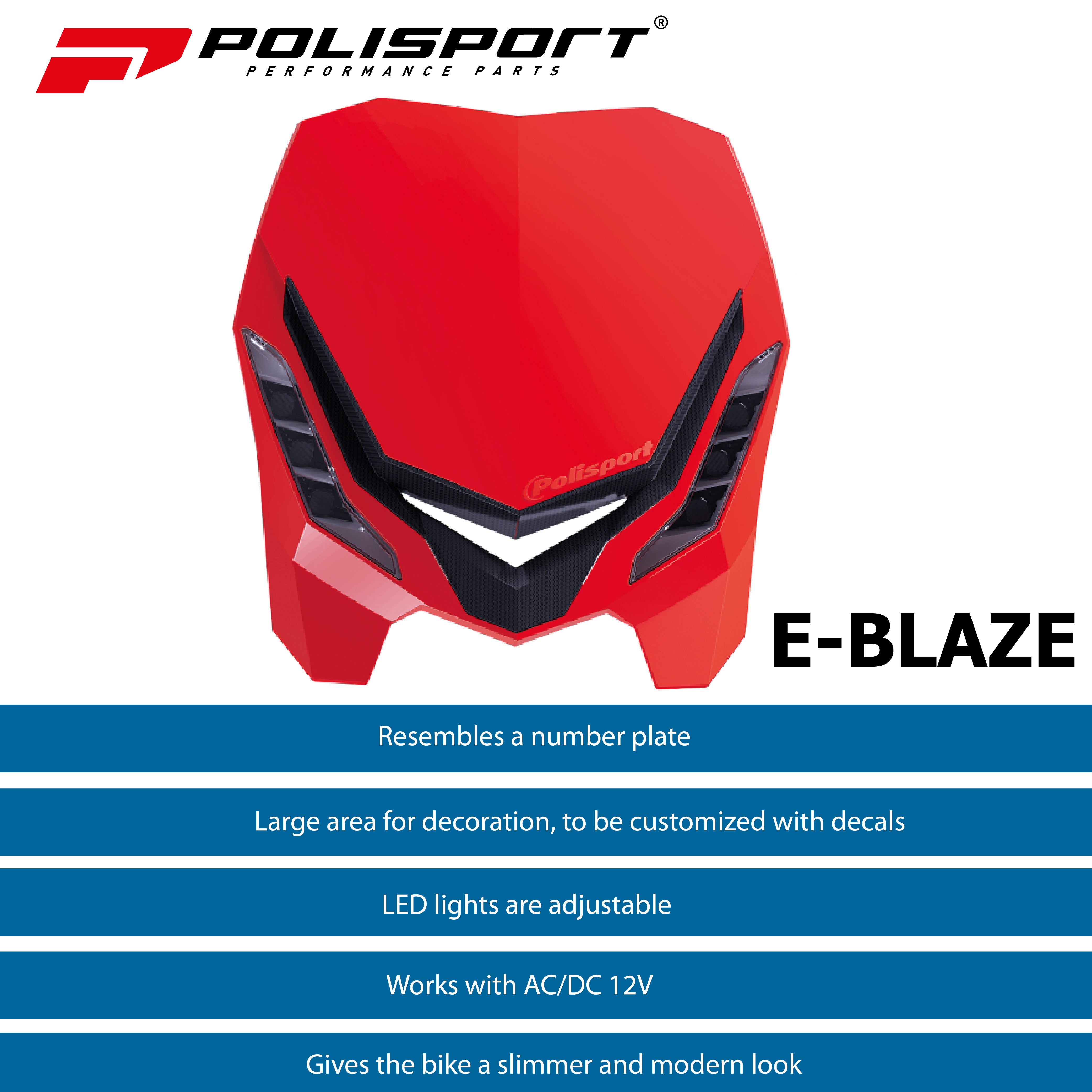 Polisport E-Blaze Motorcycle Headlight - Slim LED Design, Adjustable Lights, Customizable, Glossy & Carbon Fiber (Red and Black)