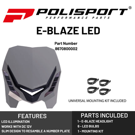Polisport E-Blaze LED Motorcycle Headlight - Ultra-Slim, Customizable Design with Adjustable High/Low Beams - Lightweight, Durable Housing for Street, Dirt Bike, Enduro & Motocross - Nardo Grey