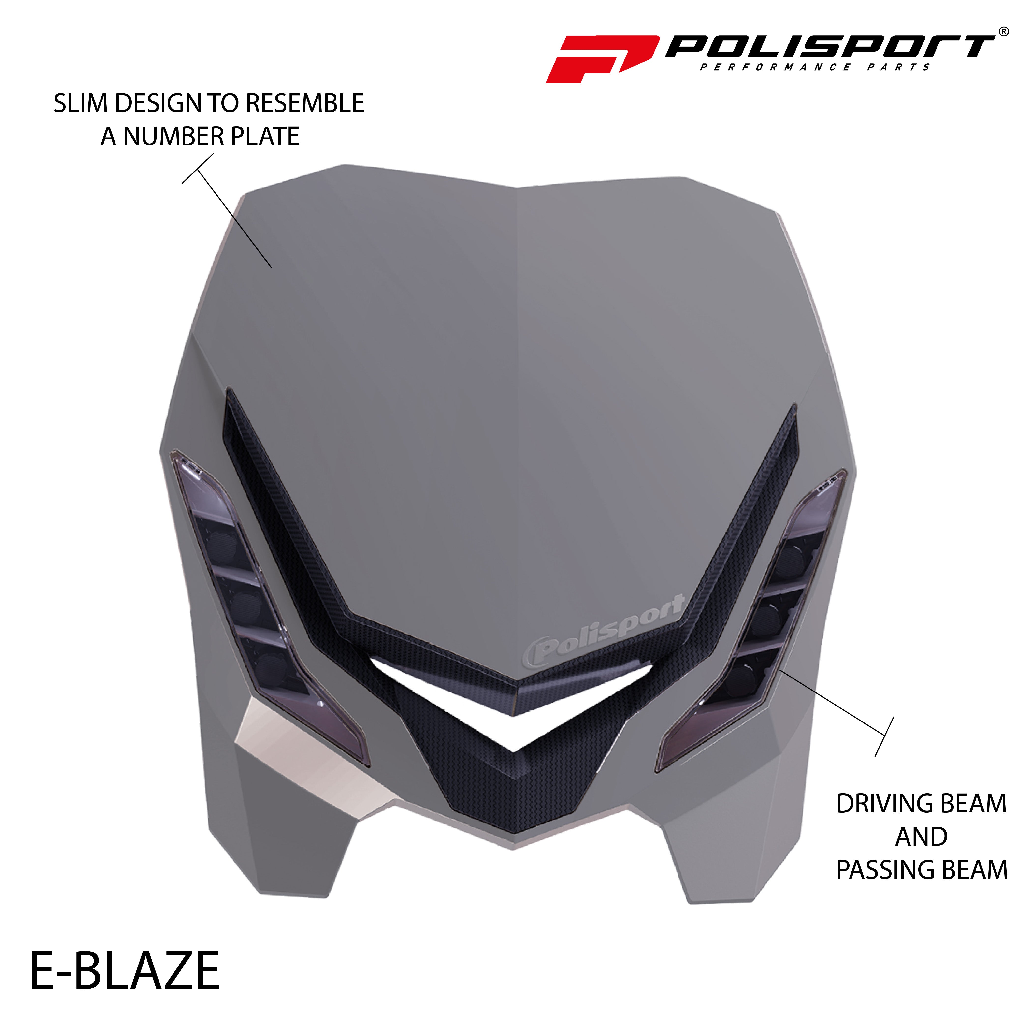 Polisport E-Blaze Motorcycle Headlight - Slim LED Design, Adjustable Lights, Customizable, Glossy & Carbon Fiber (Nardo Grey and Black)