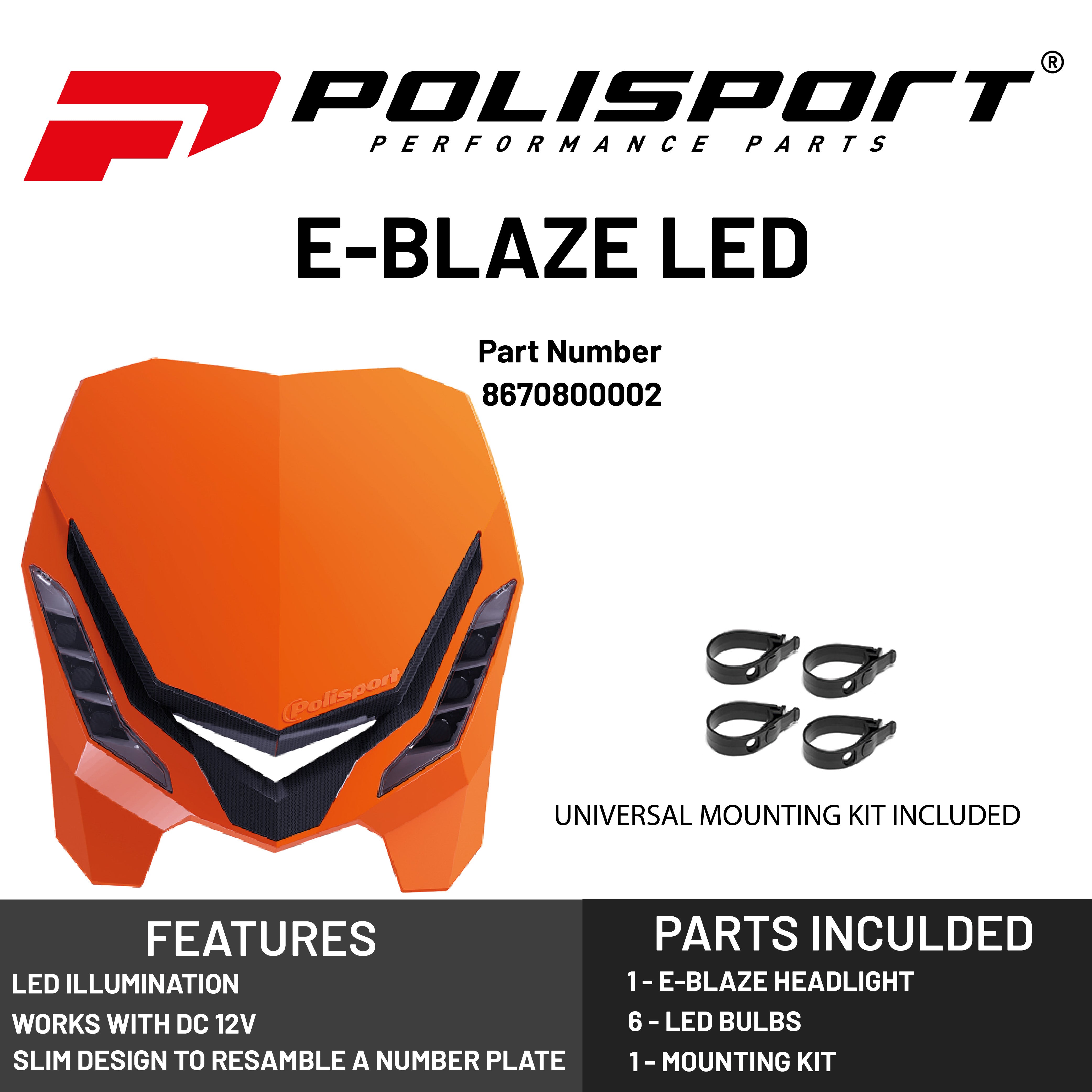 Polisport E-Blaze Motorcycle Headlight - Slim LED Design, Adjustable Lights, Customizable, Glossy & Carbon Fiber (Orange and Black)