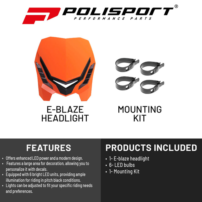 Polisport E-Blaze LED Motorcycle Headlight - Ultra-Slim, Customizable Design with Adjustable High/Low Beams - Lightweight, Durable Housing for Street, Dirt Bike, Enduro & Motocross - Orange
