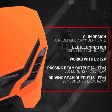 Polisport E-Blaze LED Motorcycle Headlight - Ultra-Slim, Customizable Design with Adjustable High/Low Beams - Lightweight, Durable Housing for Street, Dirt Bike, Enduro & Motocross - Orange