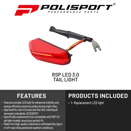 Polisport RSP LED 3.0 Replacement Tail/Brake/License Plate Light - Red - Bright 12?V LED Module with Universal Mount for Enduro, Motocross & Dual?Sport Motorcycles