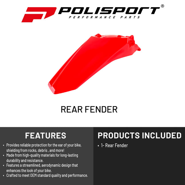 Polisport Motocross (MX) Rear Fender for Honda CRF 250/450 R/RX (2021-25) Dirt Bike - OEM Quality, Durable, Flexible & Perfect Fit - Red