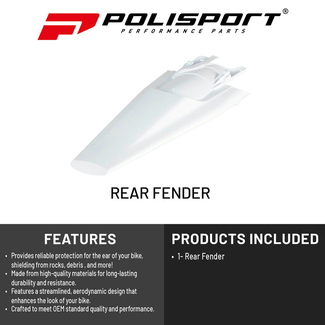 Polisport Motocross (MX) Rear Fender for Husqvarna FC/FE/FX/TC/TE/TX (2022-25) Dirt Bike - OEM Quality, Durable, Flexible & Perfect Fit - White