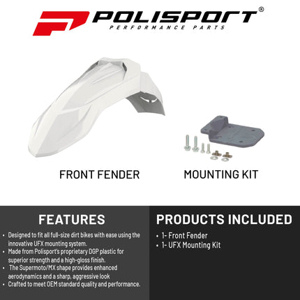 Polisport Supermoto (SM) Motocross (MX) UFX Front Fender - Universal Fit for all Full Size Dirt Bikes - White