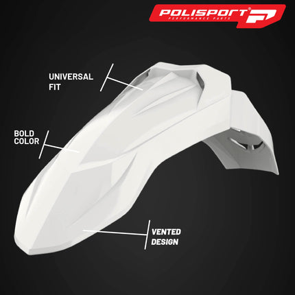 Polisport Supermoto (SM) Motocross (MX) UFX Front Fender - Universal Fit for all Full Size Dirt Bikes - White