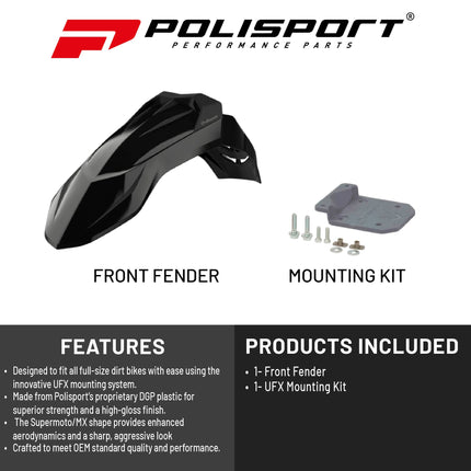 Polisport Supermoto (SM) Motocross (MX) UFX Front Fender - Universal Fit for all Full Size Dirt Bikes - Black