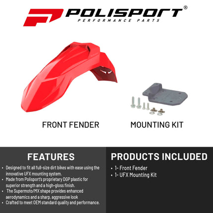 Polisport Supermoto (SM) Motocross (MX) UFX Front Fender - Universal Fit for all Full Size Dirt Bikes - Red