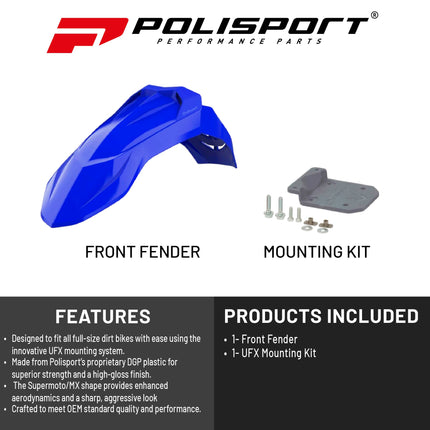 Polisport Supermoto (SM) Motocross (MX) UFX Front Fender - Universal Fit for all Full Size Dirt Bikes - Blue