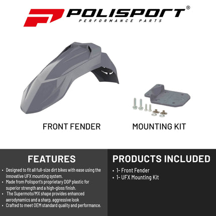 Polisport Supermoto (SM) Motocross (MX) UFX Front Fender - Universal Fit for all Full Size Dirt Bikes - Nardo Grey