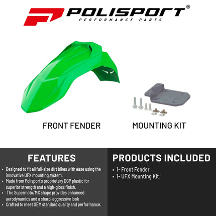 Polisport Supermoto (SM) Motocross (MX) UFX Front Fender - Universal Fit for all Full Size Dirt Bikes - Green