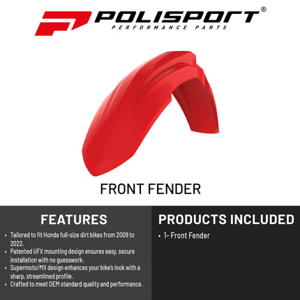 Polisport Supermoto (SM) Motocross (MX) UFX Front Fender - Fits Honda (2009-2022) Full Size Dirt Bikes - Red