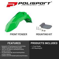 Polisport Supermoto (SM) Motocross (MX) UFX Front Fender - Fits Yamaha and Kawasaki Full Size Dirt Bikes - Green