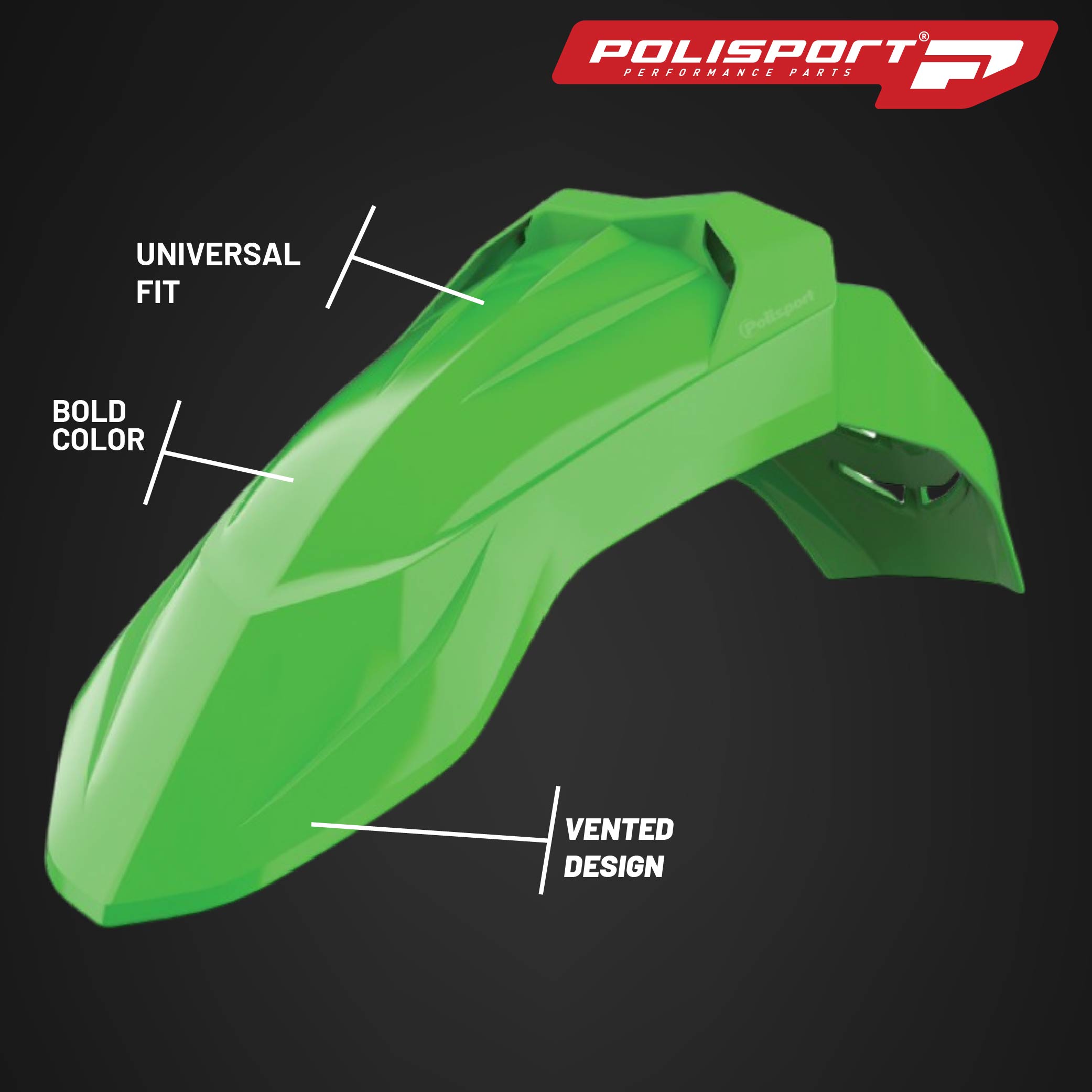Polisport Supermoto (SM) Motocross (MX) UFX Front Fender - Fits Yamaha and Kawasaki Full Size Dirt Bikes - Green