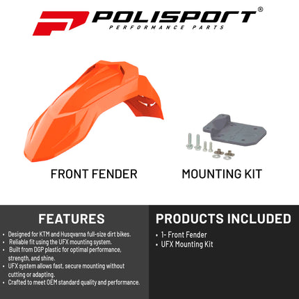 Polisport Supermoto (SM) Motocross (MX) UFX Front Fender - Fits KTM (2013-22) & Husqvarna (2016-22) Full Size Dirt Bikes - Orange