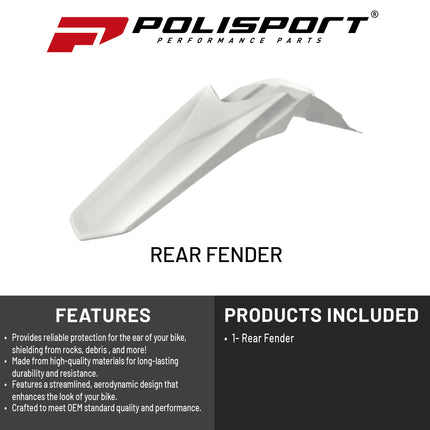 Polisport Motocross (MX) Rear Fender for Yamaha YZ85 (2022-2026) Dirt Bike - OEM Quality, Durable, Flexible & Perfect Fit - White