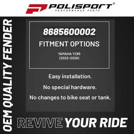 Polisport Motocross (MX) Rear Fender for Yamaha YZ85 (2022-2026) Dirt Bike - OEM Quality, Durable, Flexible & Perfect Fit - White