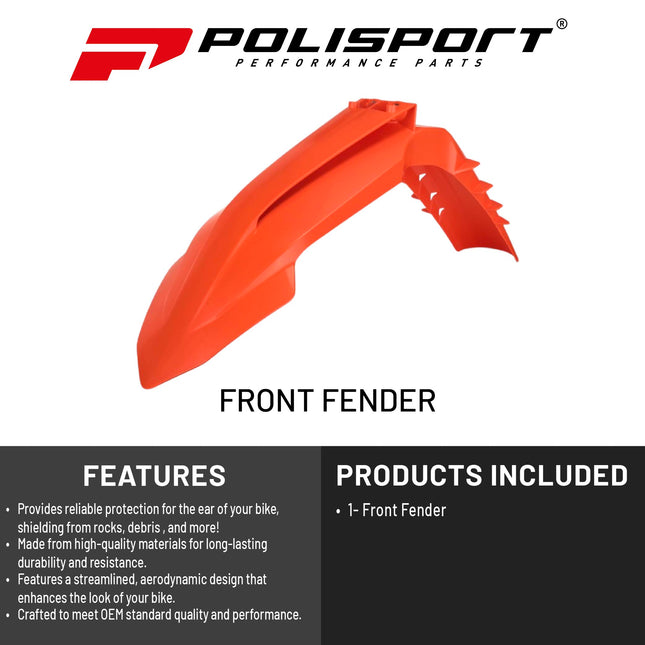Polisport Motocross (MX) Front Fender for KTM EXC/EXC-F / XC-W/XCF-W / SX/SX-F (2023-2025) Dirt Bike - OEM Quality, Durable, Flexible & Perfect Fit - Orange