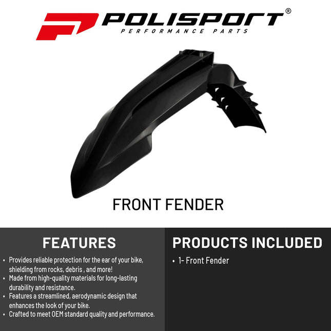Polisport Motocross (MX) Front Fender for KTM EXC/EXC-F / XC-W/XCF-W / SX/SX-F (2023-2025) Dirt Bike - OEM Quality, Durable, Flexible & Perfect Fit - Black
