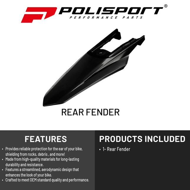 Polisport Motocross (MX) Rear Fender for KTM EXC/EXC-F / XC-W/XCF-W / SX/SX-F (2023-2025) Dirt Bike - OEM Quality, Durable, Flexible & Perfect Fit - Black