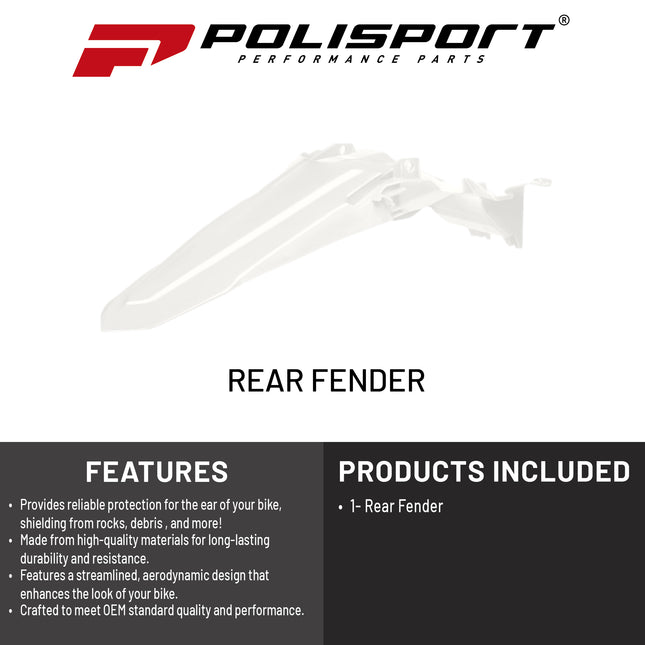 Polisport Motocross (MX) Replica Plastics Rear Fender for Yamaha YZ 250F/450F (2024-2025) Dirt Bike - OEM Quality, Durable, Flexible & Perfect Fit - White