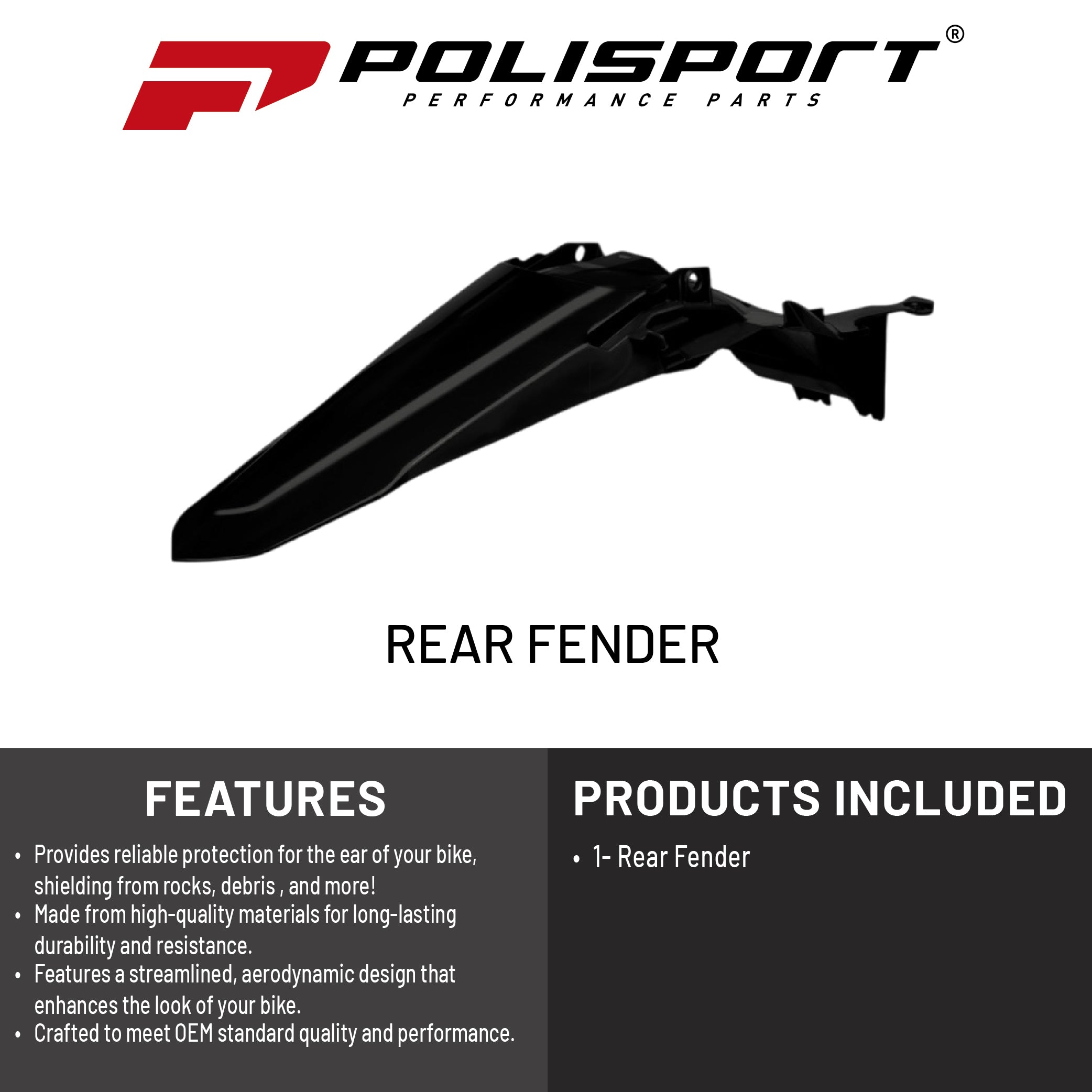 Polisport Motocross (MX) Replica Plastics Rear Fender for Yamaha YZ 250F/450F (2024-2025) Dirt Bike(Black)