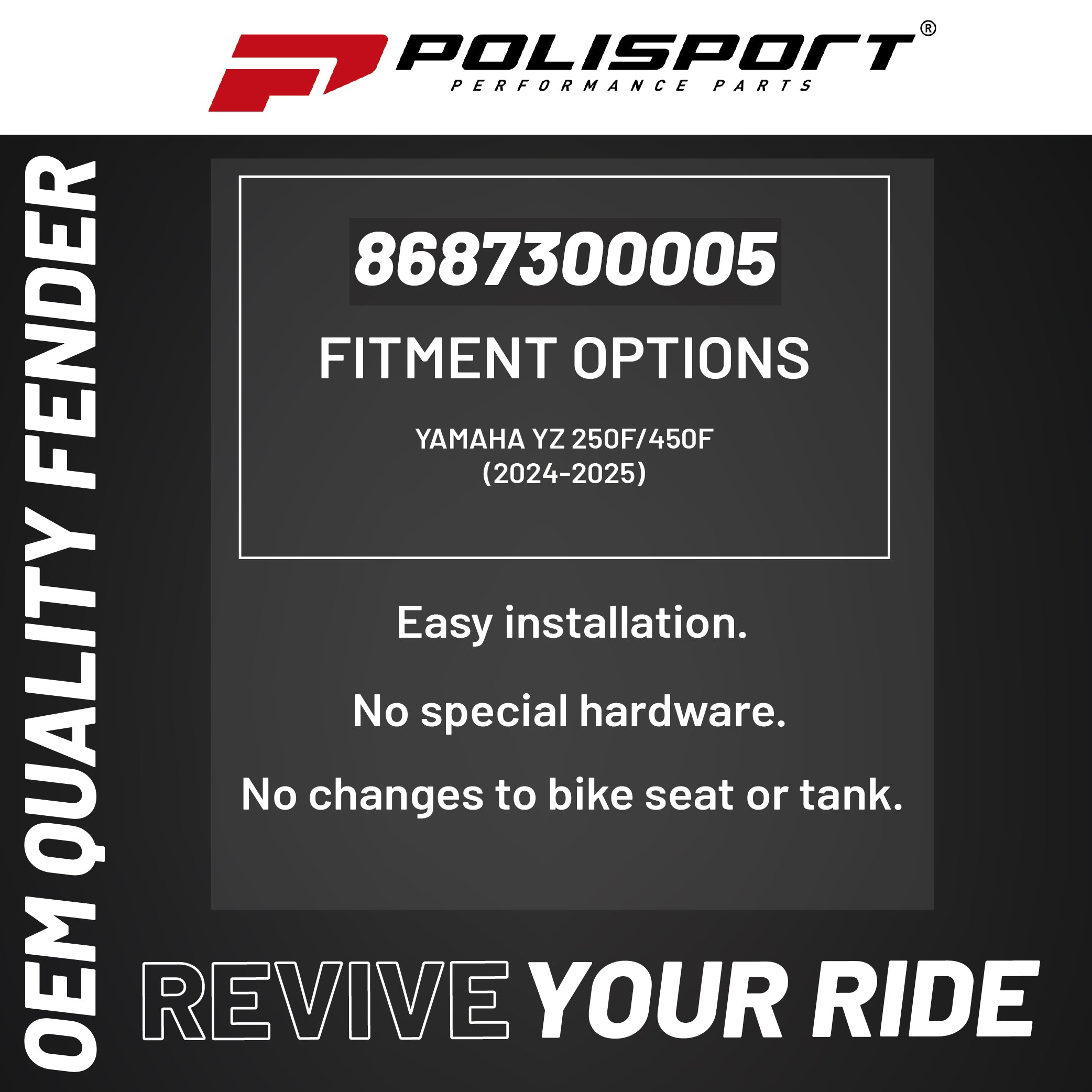 Polisport Motocross (MX) Replica Plastics Rear Fender for Yamaha YZ 250F/450F (2024-2025) Dirt Bike(Black)