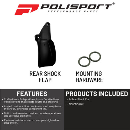Polisport Motocross Motorcycles (MX) Rear Shock Flap for KTM SX/F (2016-22), EXC/F (2017-23) & Husqvarna FC/TC (2016-22), TE/FE (2017-23) Dirt Bikes - Shields Shock from Rocks, Mud & Debris - Black