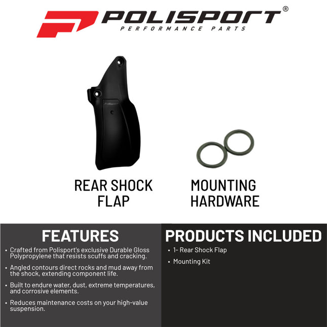 Polisport Motocross Motorcycles (MX) Rear Shock Flap for KTM SX/F (2016-22), EXC/F (2017-23) & Husqvarna FC/TC (2016-22), TE/FE (2017-23) Dirt Bikes - Shields Shock from Rocks, Mud & Debris - Black