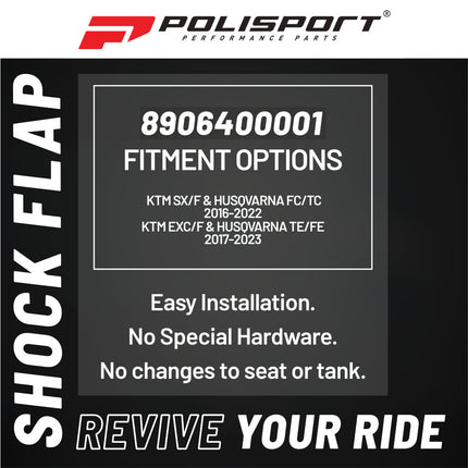 Polisport Motocross Motorcycles (MX) Rear Shock Flap for KTM SX/F (2016-22), EXC/F (2017-23) & Husqvarna FC/TC (2016-22), TE/FE (2017-23) Dirt Bikes - Shields Shock from Rocks, Mud & Debris - Black