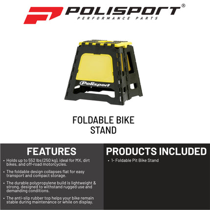 Polisport Foldable Pit Bike Stand - Lightweight, Heavy-Duty Motocross Stand for Dirt Bikes, MX, Off-Road Motorcycles - Compact, Portable, 552 lb Capacity - FIM Podium Official Stand - Yellow