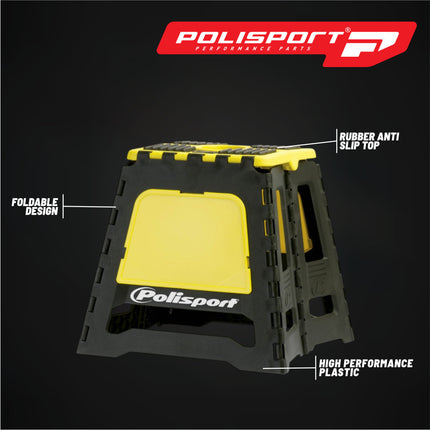 Polisport Foldable Pit Bike Stand - Lightweight, Heavy-Duty Motocross Stand for Dirt Bikes, MX, Off-Road Motorcycles - Compact, Portable, 552 lb Capacity - FIM Podium Official Stand - Yellow